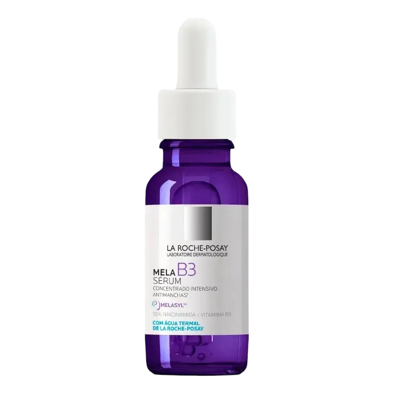 Frasco do sérum antimanchas La Roche-Posay Mela B3, indicado para tratamento de melasma e manchas persistentes na pele.